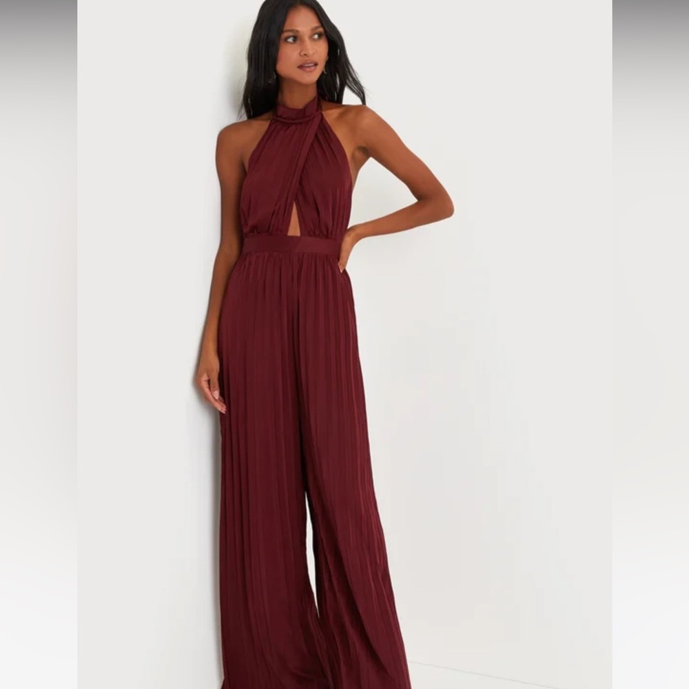 Lulu’s Burgundy Satin Pleated Halter Jumpsuit- New without tag